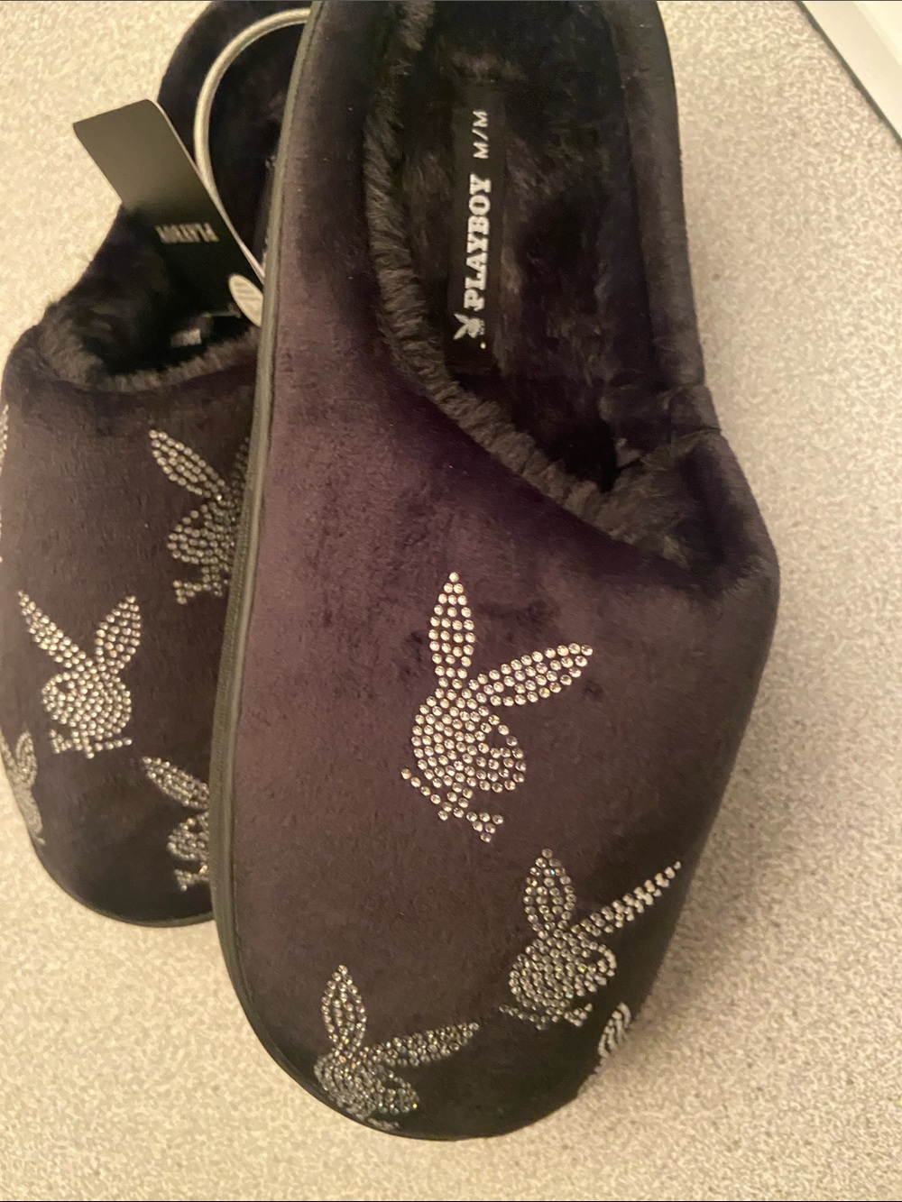 PLAYBOY Black Crystal Bunny Plush Slip-On Slippers - Picture 2 of 2